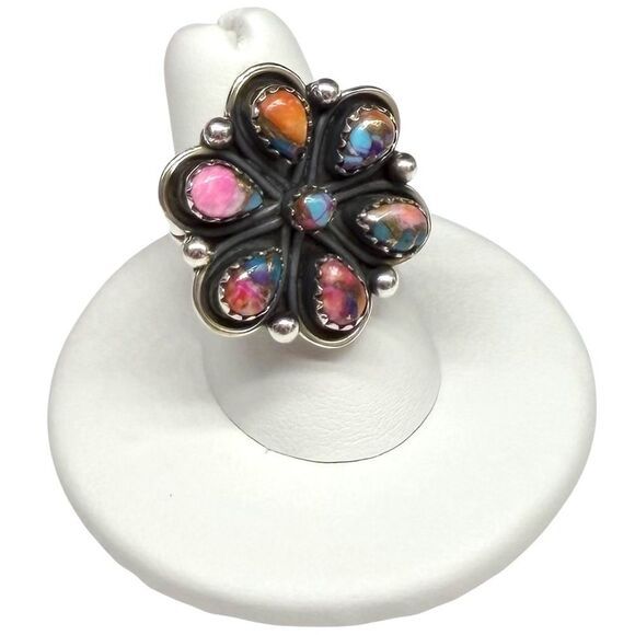 Kingman Pink Dahlia Flower Cluster Ring Size 7 Solid 925 Sterling Silver - Picture 7 of 7